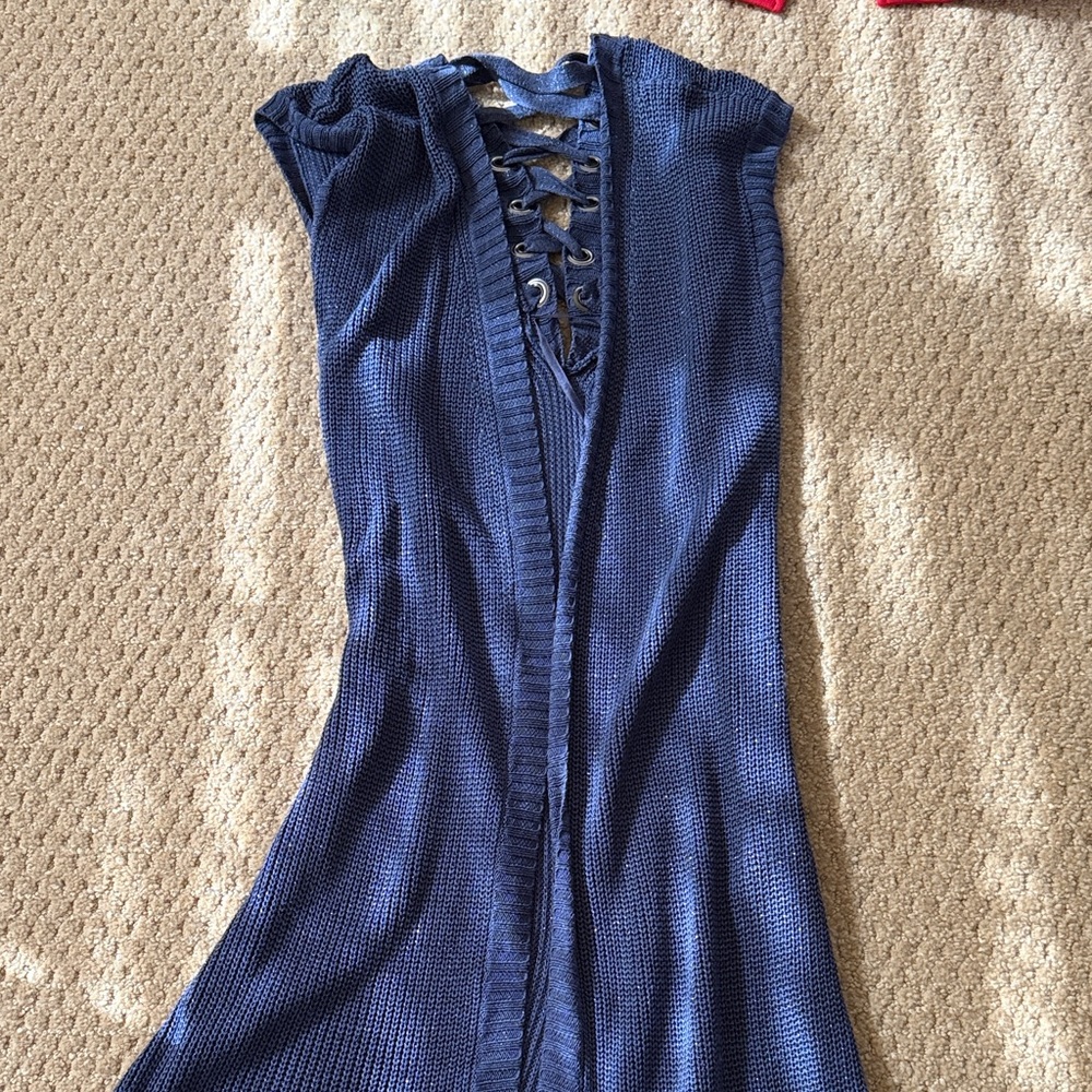 Navy Blue Knit Dress with Lace-Up Detail